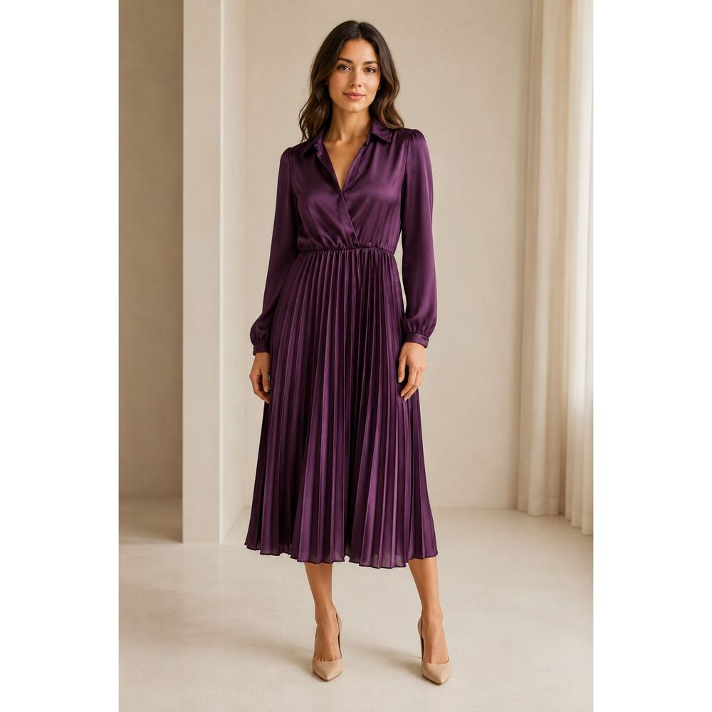 She + Sky Plum Satin Accordion Pleat Midi Dress Size Large Long Sleeve
